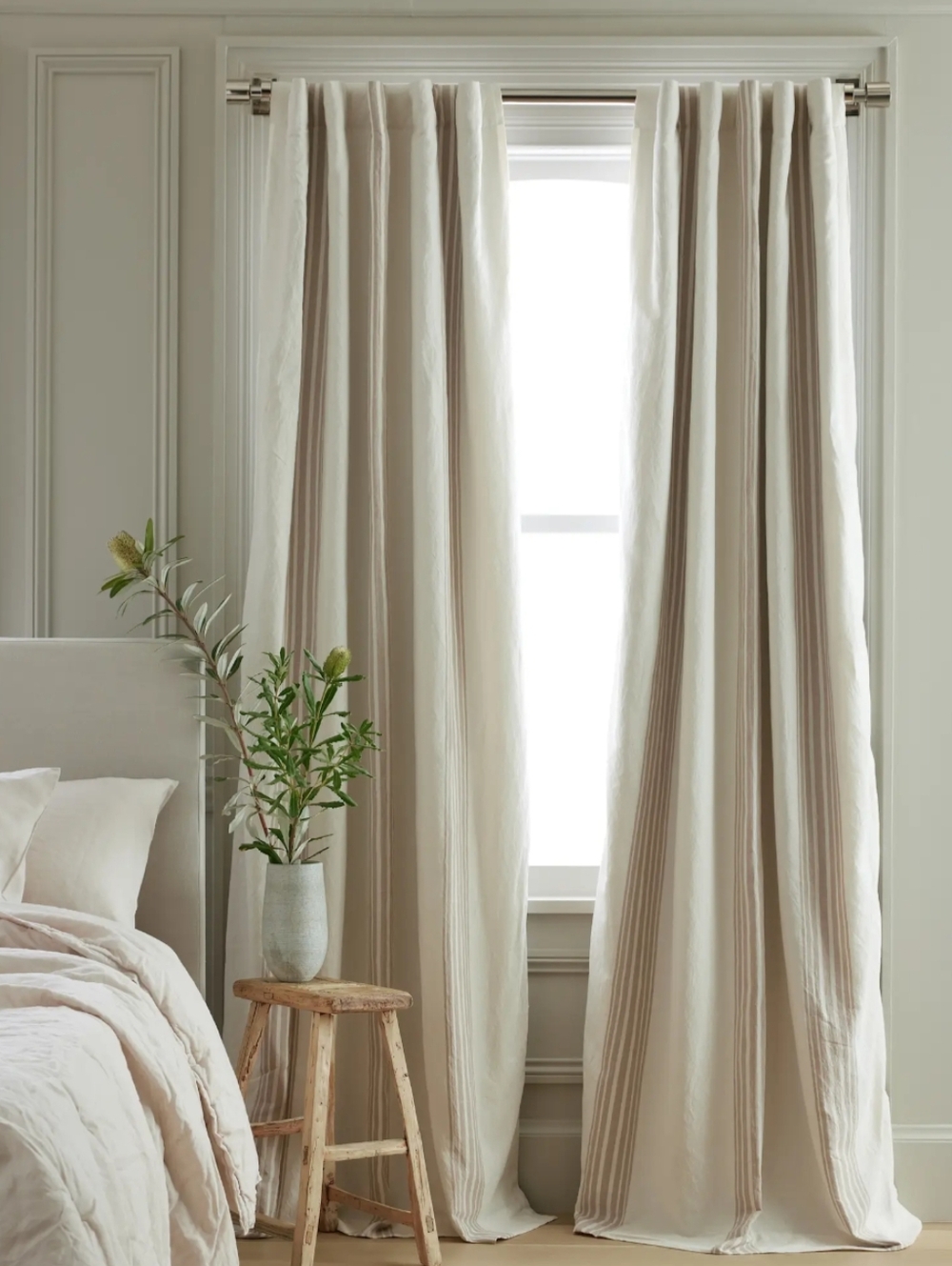 Quince Coastal Stripe Linen Cotton Room Darkening Curtain 48x108  Ivory/Natural